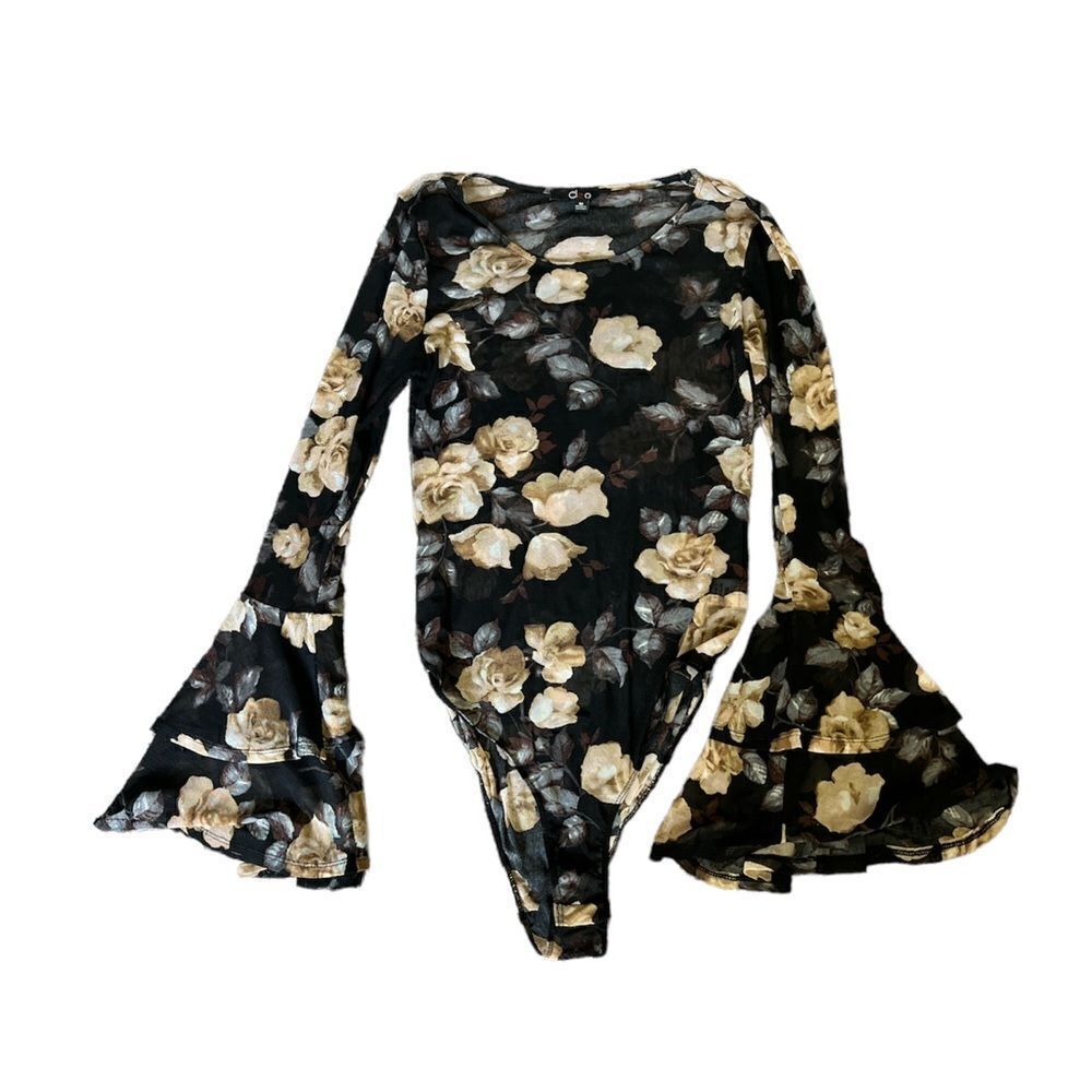 Cleo womens sheer floral body suit with flutter sleeve